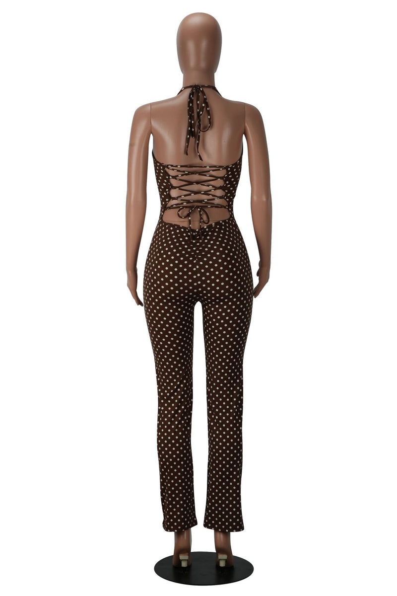 Polka Dots Printed Halterneck Bandage Jumpsuit MZ 26013