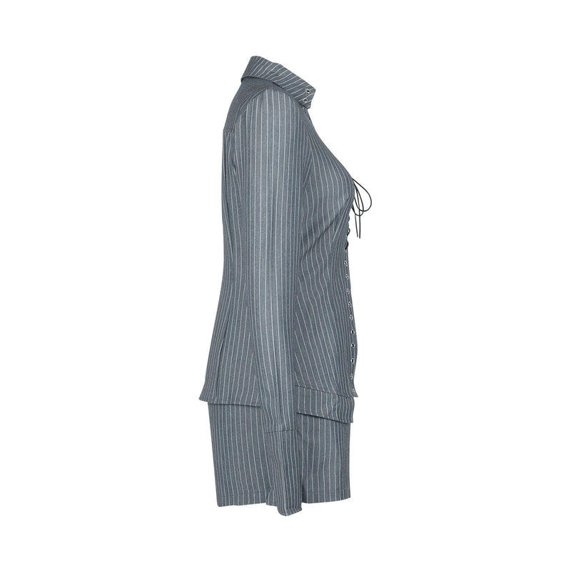 Stripe Lapel Short Sleeve Tie Two Piece Shorts Set AIL 324