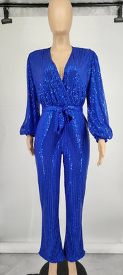 Sequin Deep V Neck Tie Up Jumpsuit GYOM 8794
