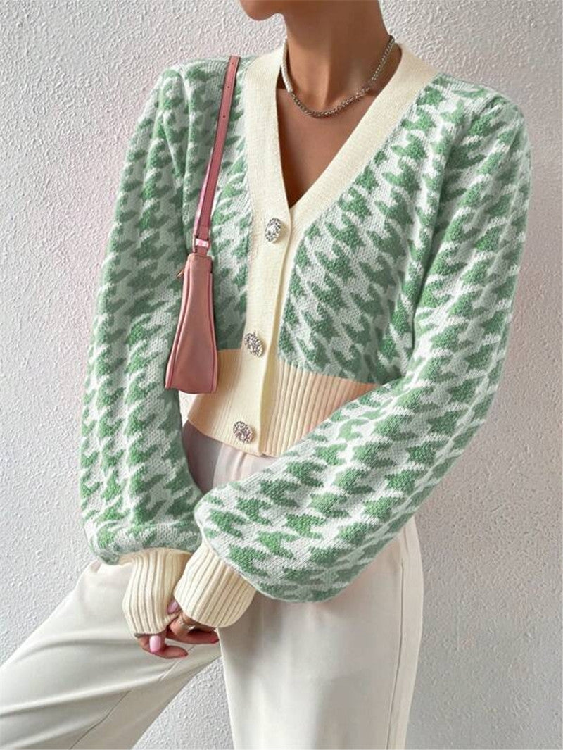 Houndstooth Patterned Knit Cardigan Coat GZYF 1087
