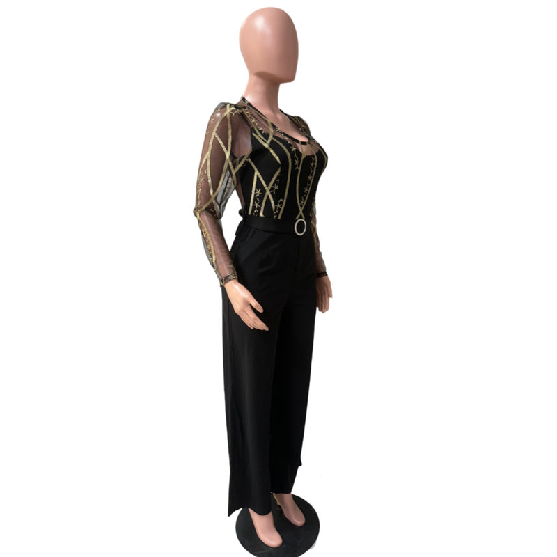 Mesh Embroidery See Through Wide Leg Jumpsuit LA 6005