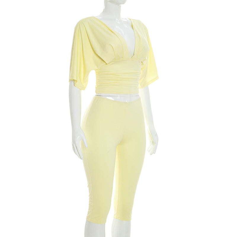 Deep V Neck Ruched Top Two Piece Pants Set MXBF J26ST224