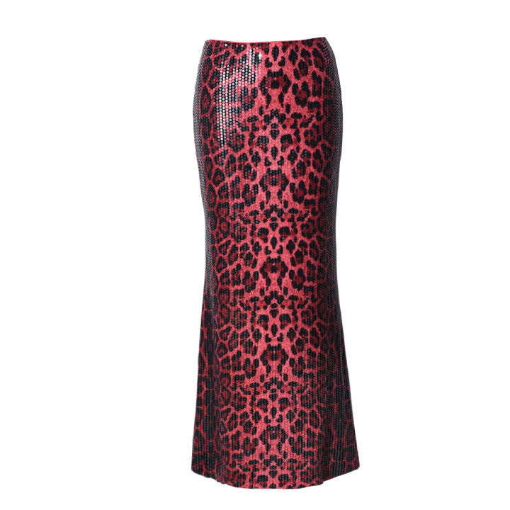 Leopard Print Sequin Patchwork Double Layered Long Skirt GNZD 51515DHD