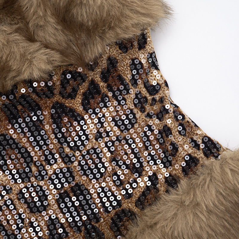 Fur Patchwork Leopard Sequin Mini Dress GDSF D26DS271