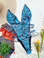 Snake Skin Print V Neck Hollow One Piece Swimsuit CASF 6101