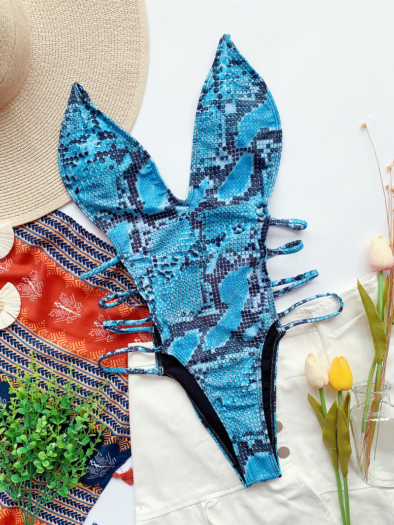 Snake Skin Print V Neck Hollow One Piece Swimsuit CASF 6101