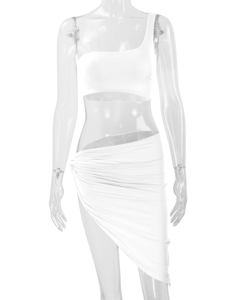 Single Shoulder Tank Top Irregular Skirt 2 Piece Set YMYF 0896