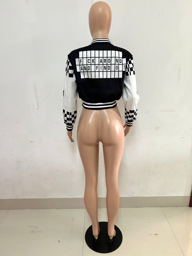 Ribbed Color Block Print Baseball Jacket YNSF 2663