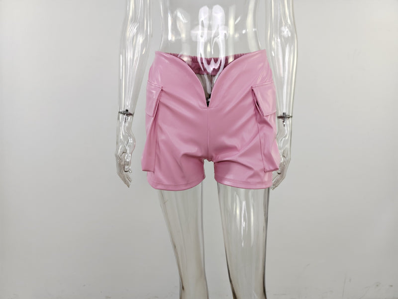Solid Color Pocket PU Leather Short MUE M7951
