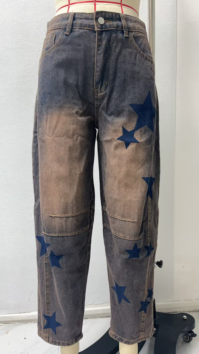 Print Loose Wide Leg Waished Jeans GSMF 318