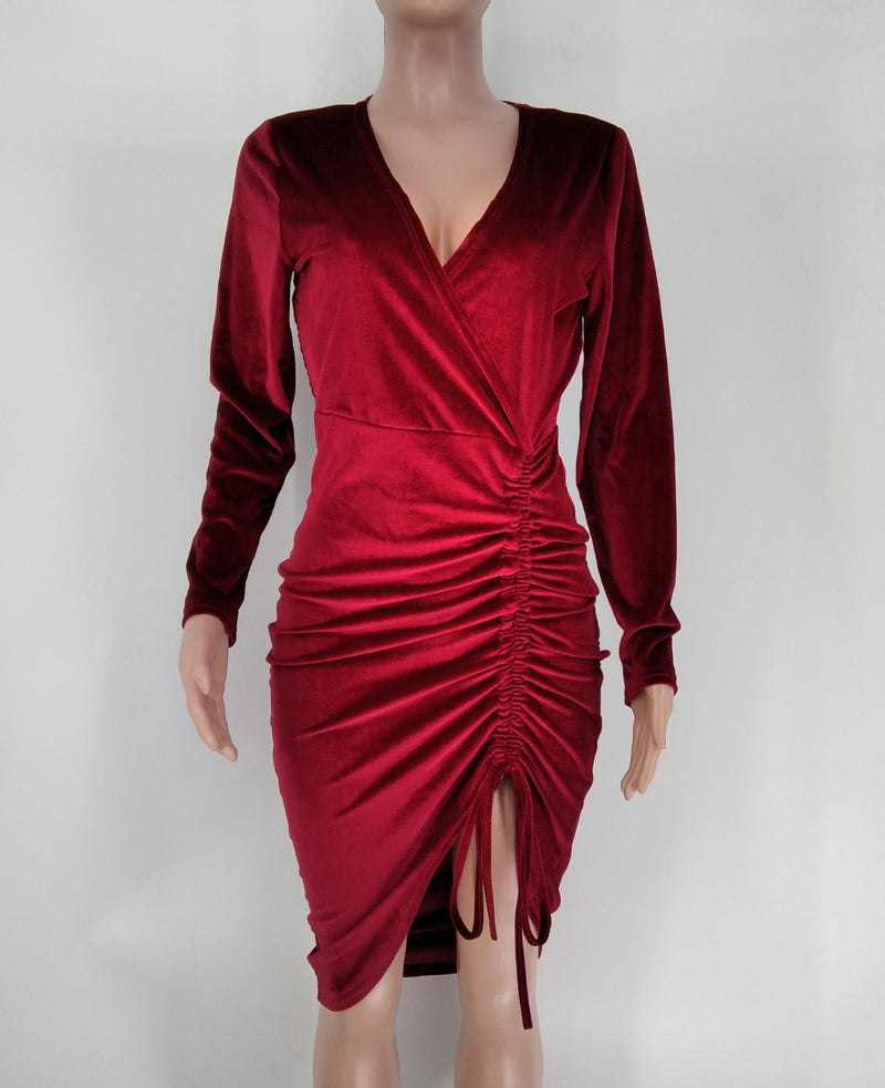 Sexy Velour V Neck Drawstring Bodycon Dress XMY 9342