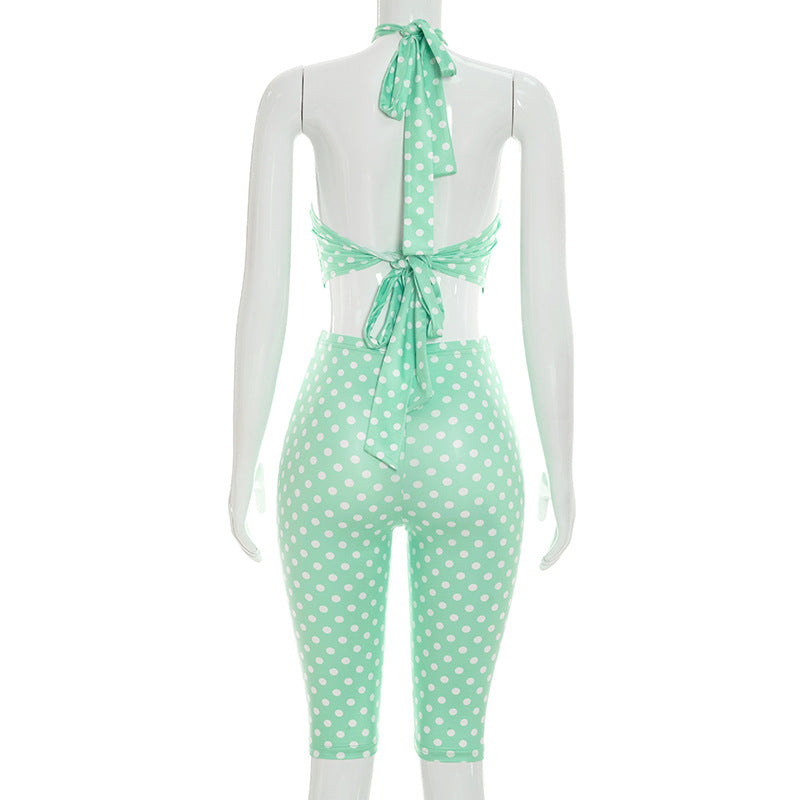 Polka Dot Print Backless Two Piece Pants Set MXBF Q26ST092