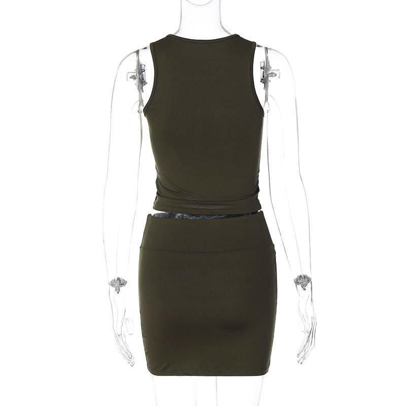 Solid Color Hollow Out Sleeveless Two Piece Skirt Set BLG S3211721K