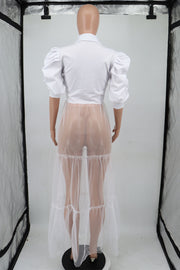 Mesh Patchwork Puff Sleeve Shirt XHXF 935