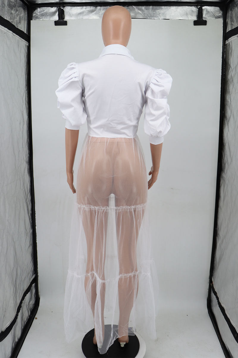 Mesh Patchwork Puff Sleeve Shirt XHXF 935