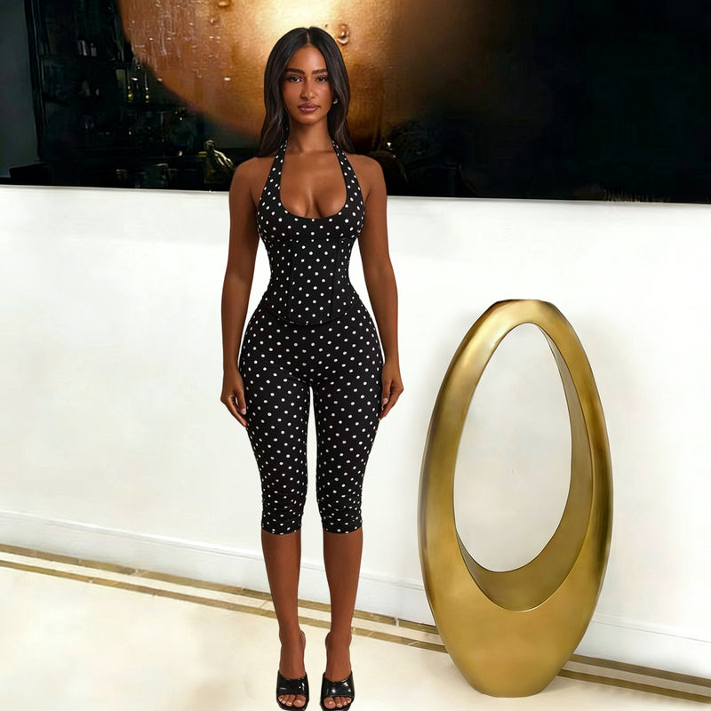 Polka Dots Print Halterneck Tie Up Seventh Jumpsuit TK 6350