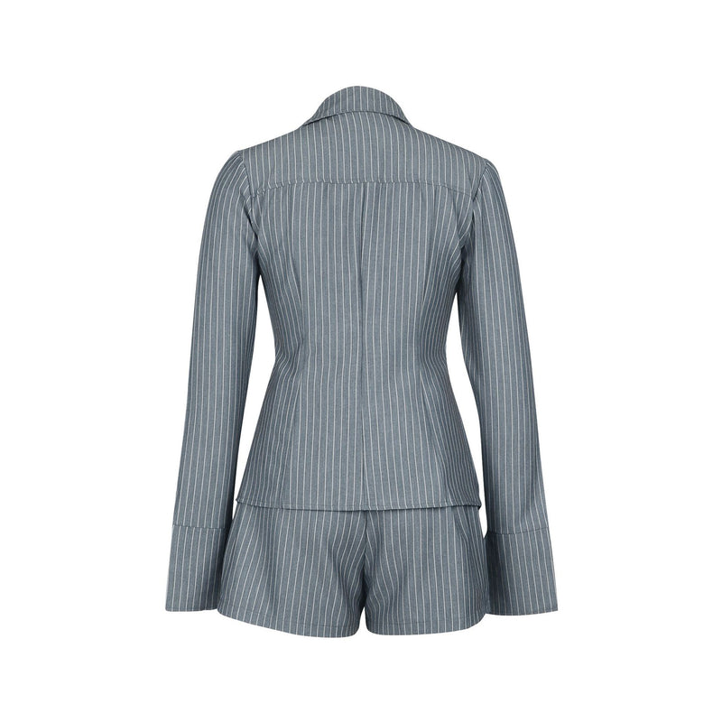 Stripe Lapel Short Sleeve Tie Two Piece Shorts Set AIL 324