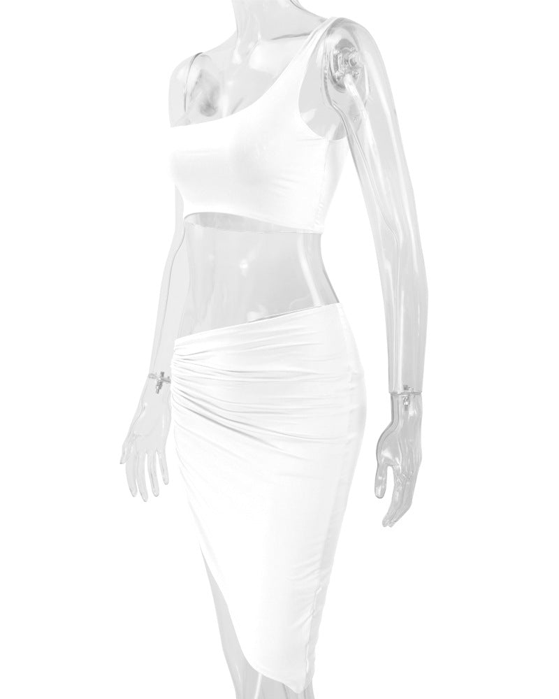Single Shoulder Tank Top Irregular Skirt 2 Piece Set YMYF 0896