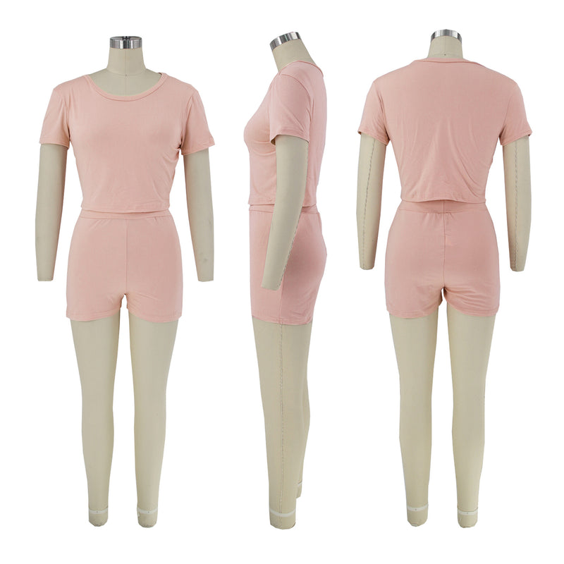 Casual Solid Sport Short Sleeve Shorts Two Piece Set SFY 2305