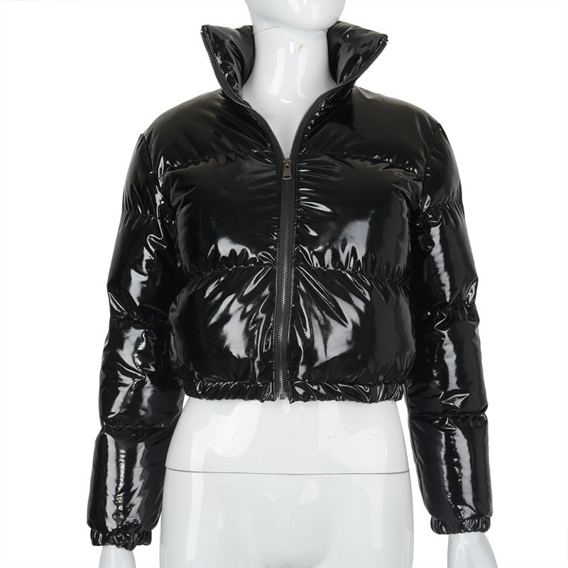 Solid PU Leather Stand up Collar Cotton Jacket GSZM A20666T