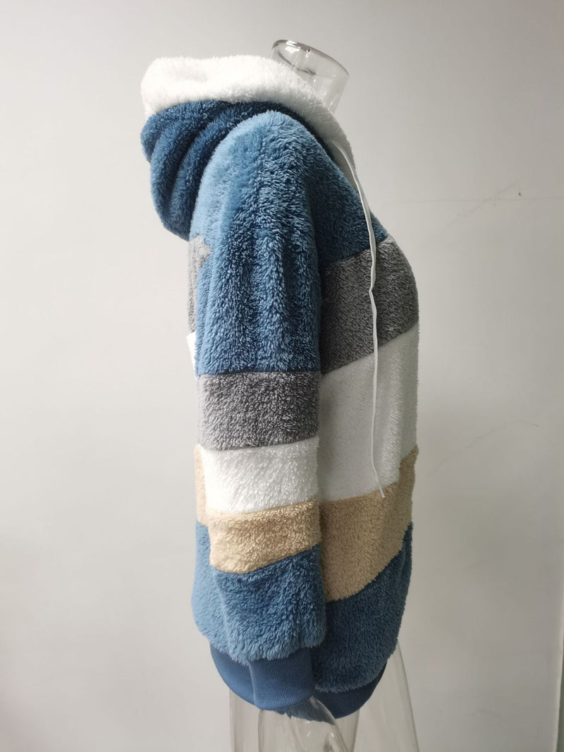 Plus Size Warm Plush Patchwork Zipper Hooded Loose Jacket GOFY 80160