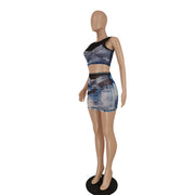 Sexy Mesh Print Sleeveless Skirts Two Piece Set FENF 272