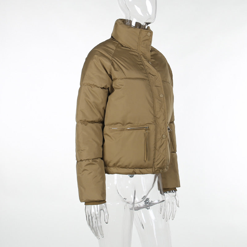 Long Sleeve Standing Collar Solid Color Cotton Jacket FL 23469
