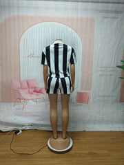 Striped Lapel Short Sleeve Top Shorts Set SFY 734