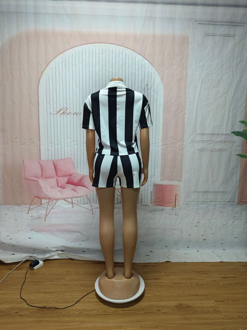 Striped Lapel Short Sleeve Top Shorts Set SFY 734