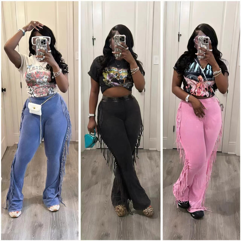 Tassel Solid Color Micro Flare Jeans XMCS CS20247242048