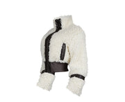 Faux Fur Collar Patchwork Leather Jacket with Lining YMEF 58015