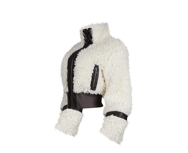 Faux Fur Collar Patchwork Leather Jacket with Lining YMEF 58015