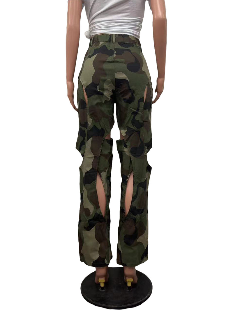 Camouflage Print Holes Cross Straight Pants OD 8600