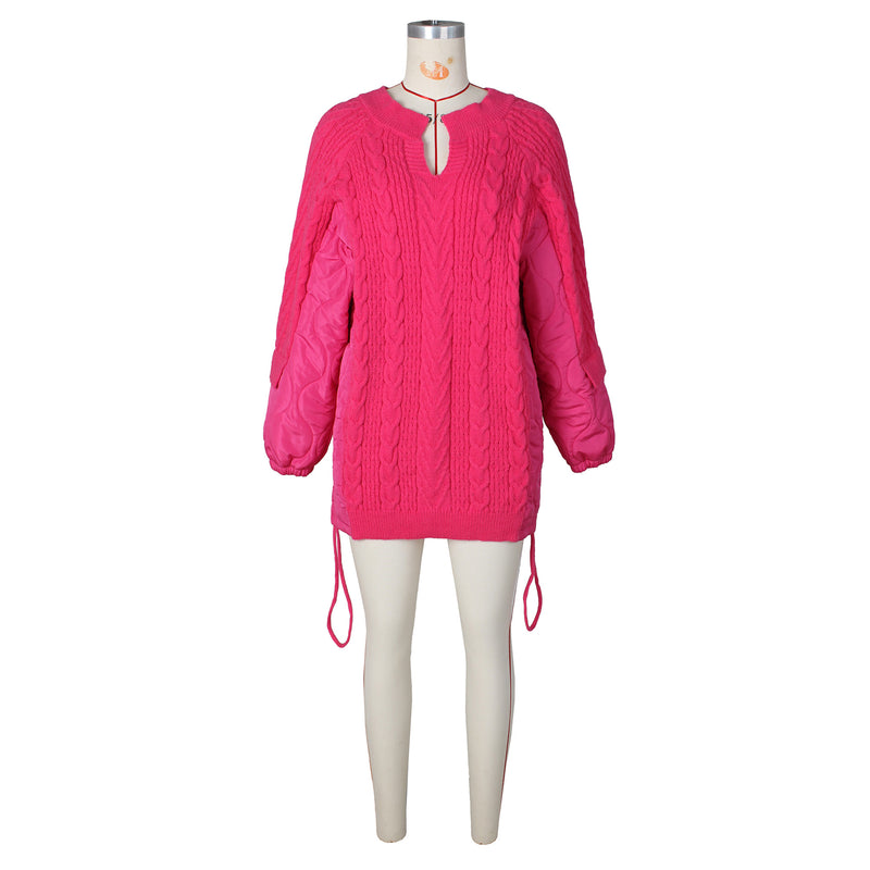 Casual Loose Spliced Knit Drawstring Cotton Coat ZSD 0631