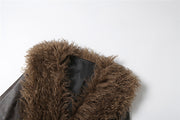 Fur Patchwork Leather V Neck Coat DLSF K25L85062