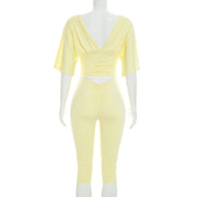 Deep V Neck Ruched Top Two Piece Pants Set MXBF J26ST224
