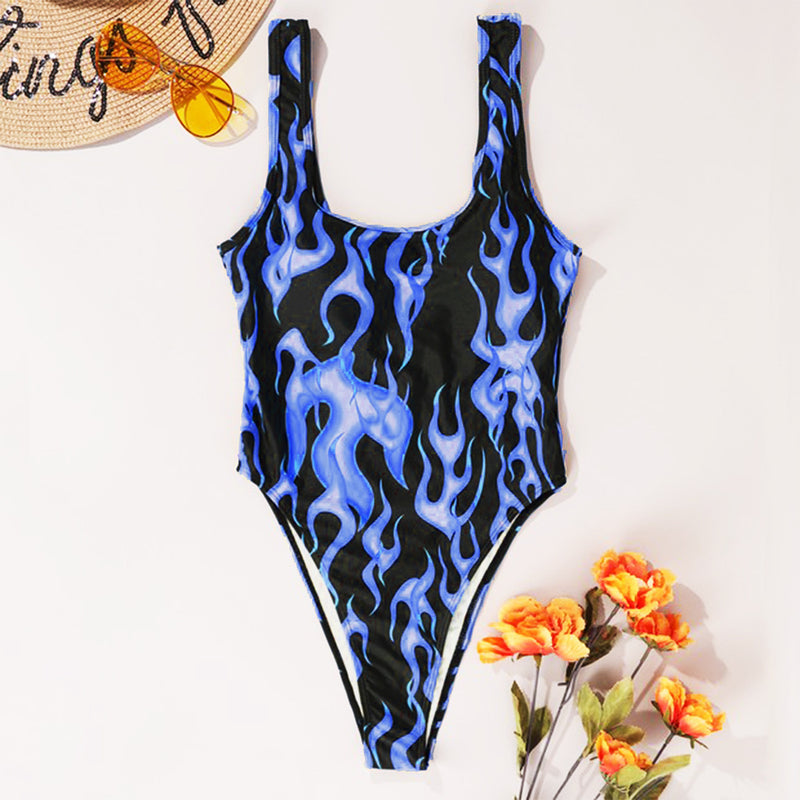 Flame Print Sleeveless One Piece Swimsuit DYSC DY9108031