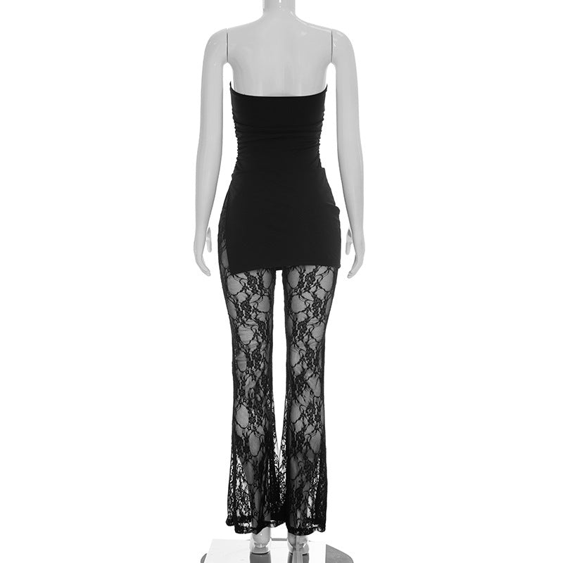 Solid Color Lace Patchwork Split Jumpsuit MXBF D26JP093