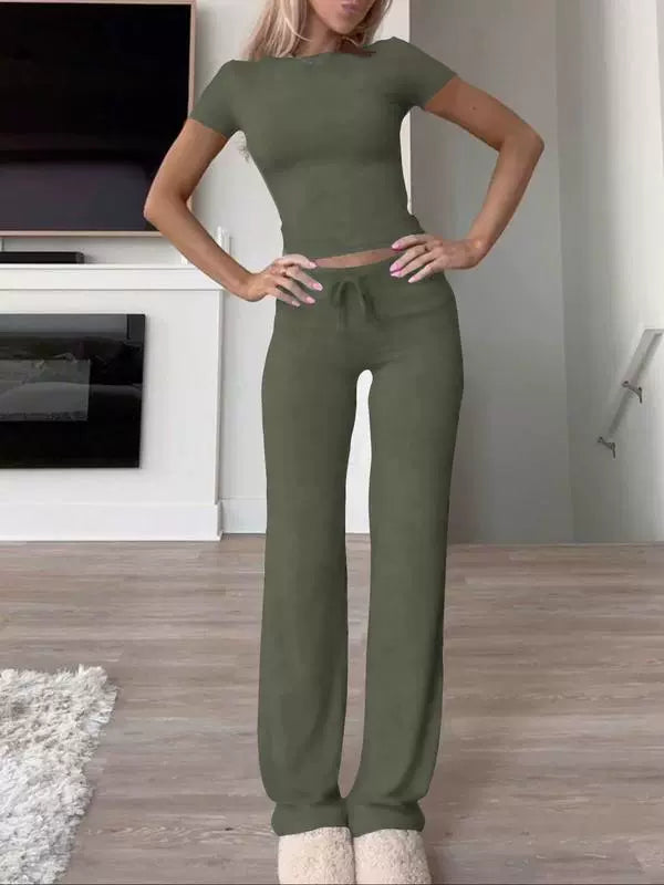 Solid Color Short Sleeve Sports Two Piece Pants Set GYWO 55007
