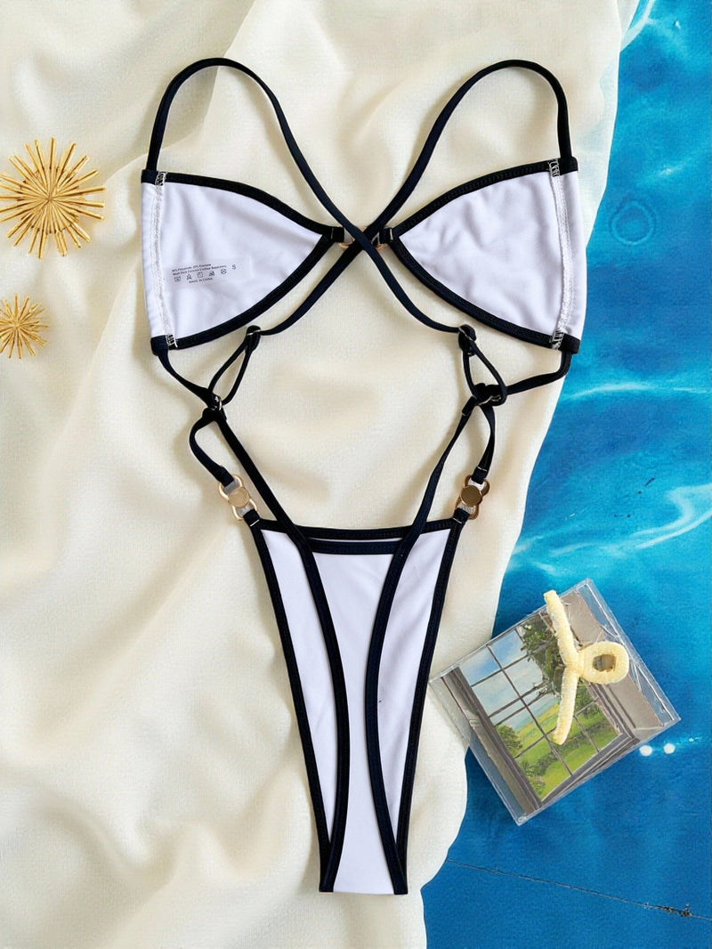 Color Block Backless One Piece Swimsuit CASF 6756