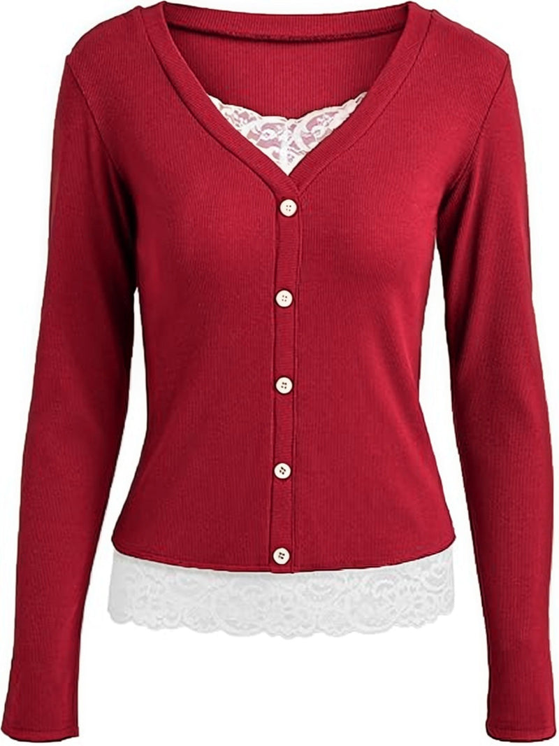 Fashion Lace Splice Long Sleeve Tops GYOU CX1031