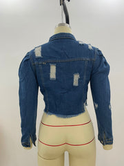 Ripped Bubble Sleeve Denim Jacket GQDH 911