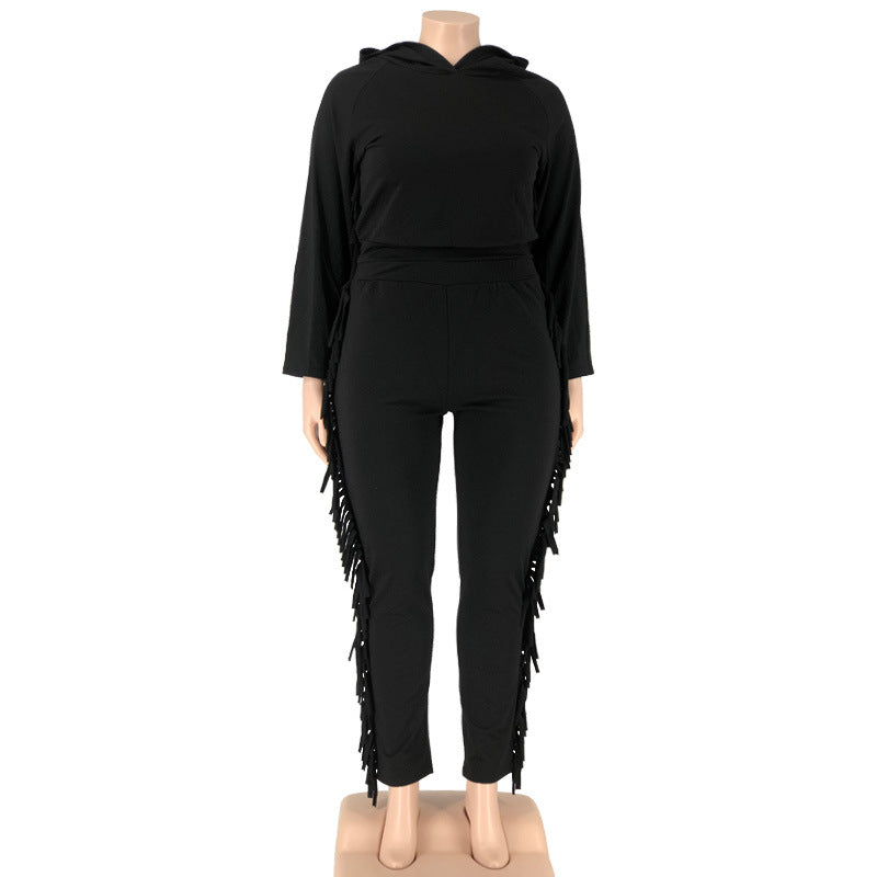 Plus Size Solid Color Hooded Tassel Two Piece Pants Set OSIF 21278