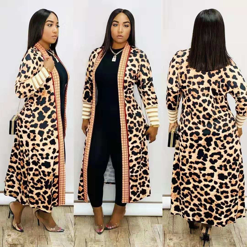 Plus Size Print Long Sleeve Knit Coat GRNH 8078