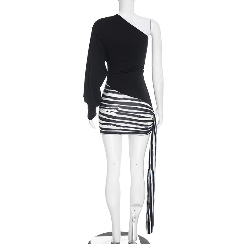 Single Shoulder Long Sleeve Stripe Mini Dress GSZM C26DS328