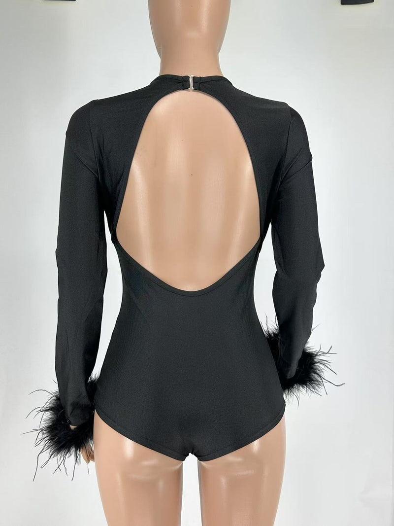 Feather Splicing Long Sleeve Backless Romper QXLB 10099