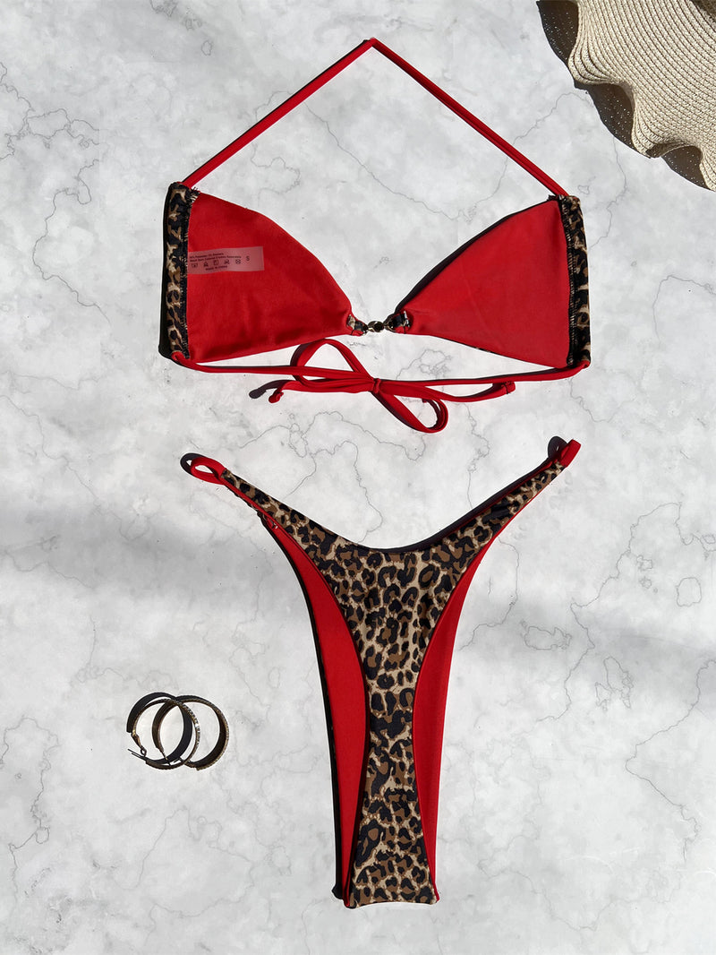 Leopard Print Backless Tie Up Bikinis 2 Piece Swimsuit CASF 6722