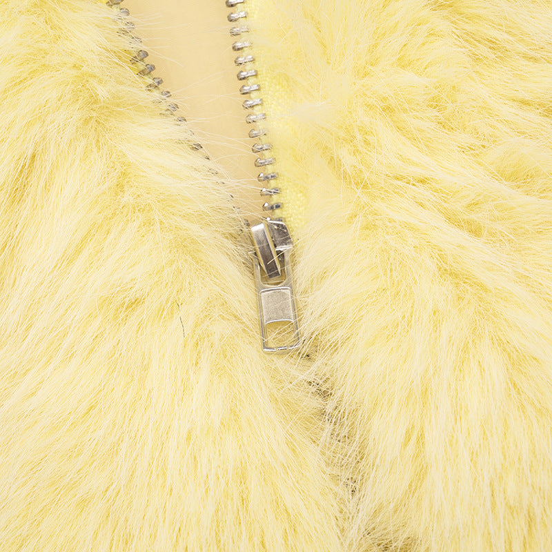 Solid Color Fur Zipper Hooded Short Jacket GDSF J25TP213