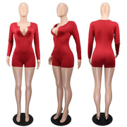 V Neck Solid Color Long Sleeve Romper GWLS LD201019