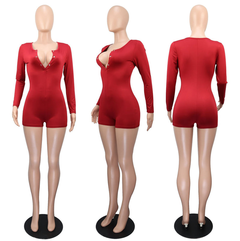 V Neck Solid Color Long Sleeve Romper GWLS LD201019